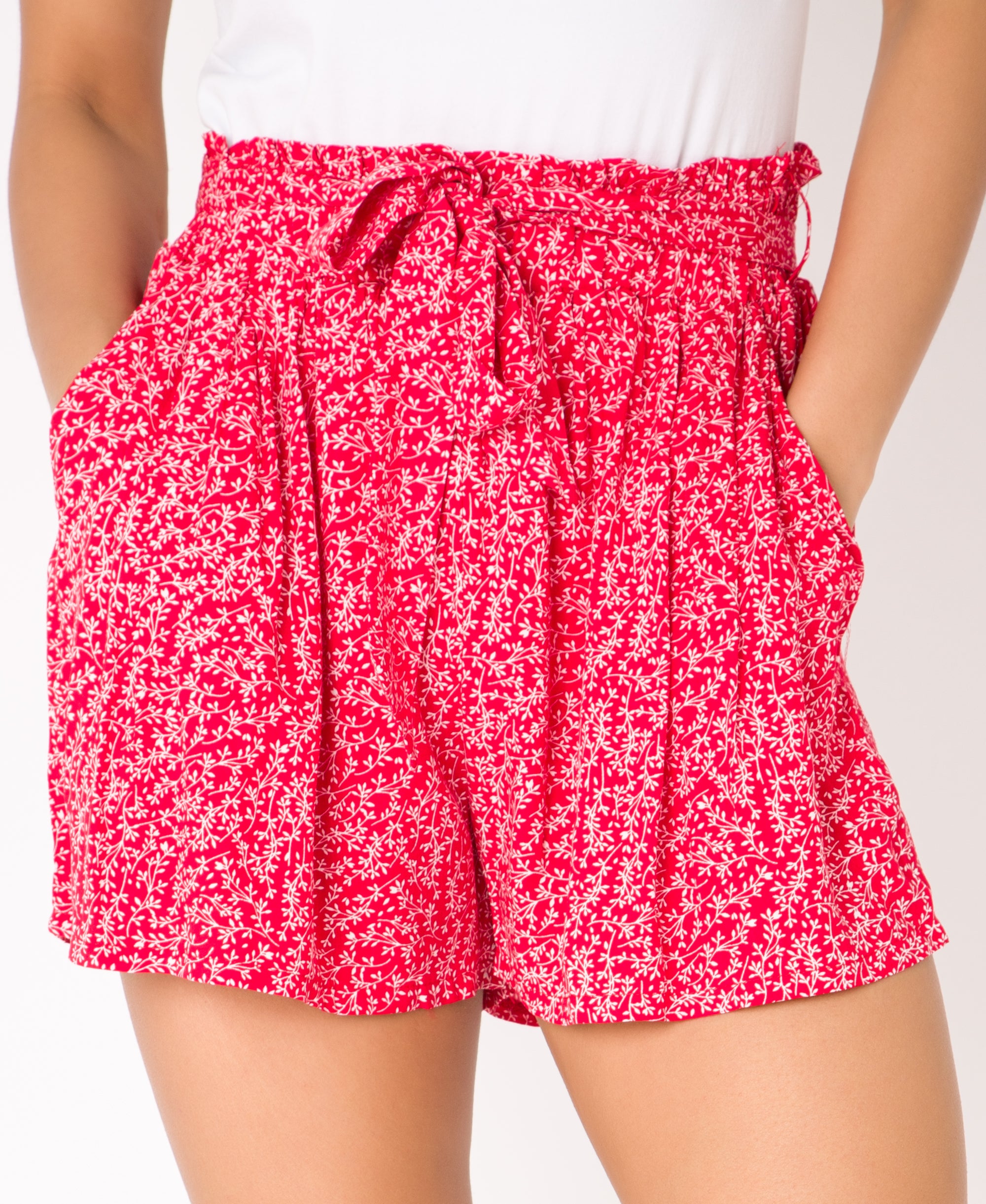 KRISP Tie Belted Waist White Leaf Print Shorts (11090)